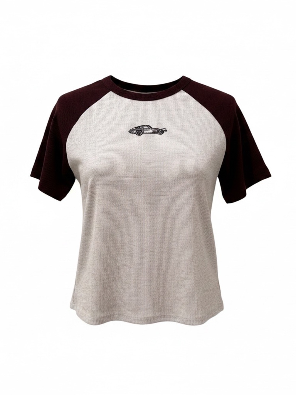 Wild Fable Ribbed Raglan Tee Women’s Burgundy Cream Car Graphic NWT